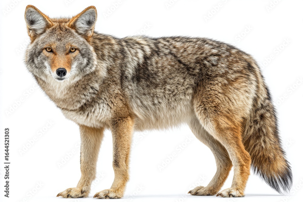 Fototapeta premium The image features a coyote standing alert, presented in a realistic style, and includes a transparent background for easy use in various designs