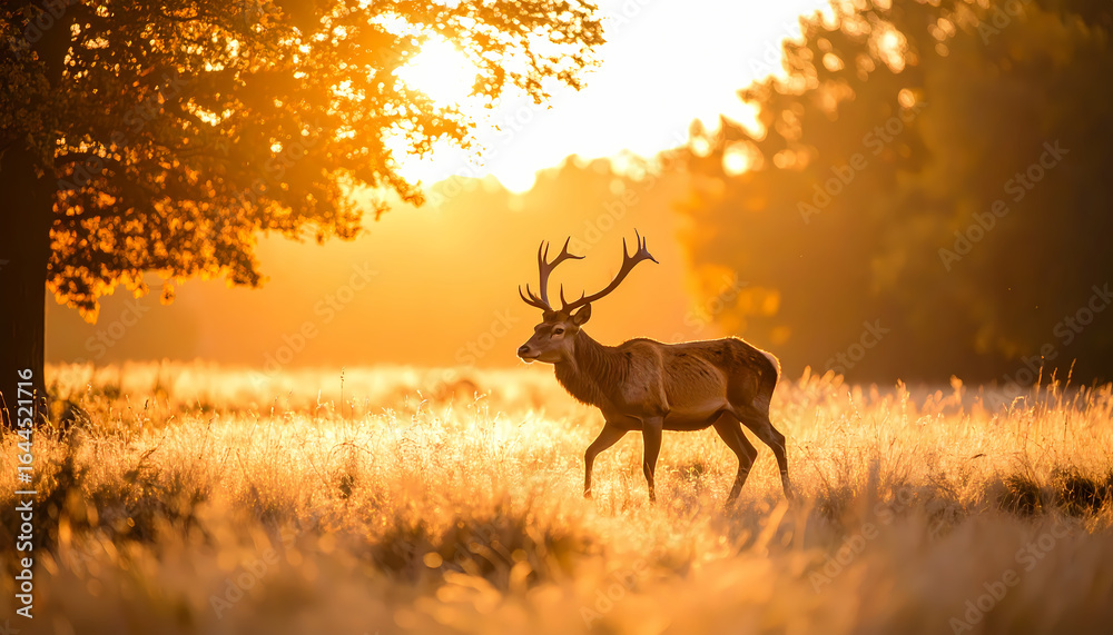 Obraz premium Deer walking through golden field at sunset