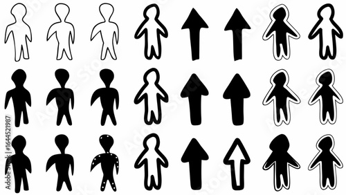 Illustration showing rows of stylized human figures and arrows in black and white color palette design