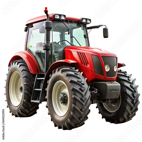 Red agricultural tractor with large tires and additional lights on black background