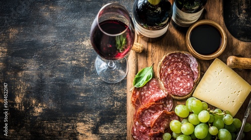 Wine and cheese tasting platter.  Selection of cured meats, cheeses, grapes, and wine.  Appetizing and flavorful spread on a rustic wooden board