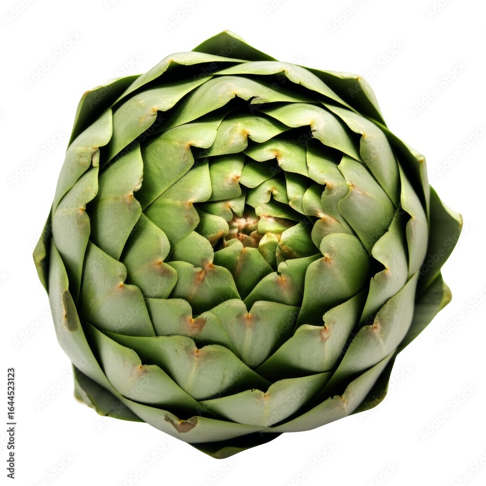 Fototapeta premium A single, perfect, hyperrealistic artichoke, with its leaves slowly peeling back to reveal a glowing