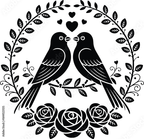 Two lovebirds sharing a tender moment with floral border