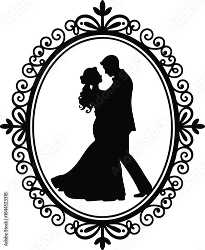 Elegant couple dancing in ornate vintage frame silhouette