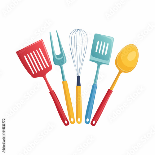 Set of colorful kitchen utensils for cooking. Vector graphic illustration of cooking tools including spatula, whisk, fork, and slotted spoon.