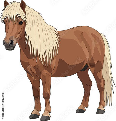 Standing pony illustration with blonde mane and tail on white
