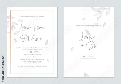 Wedding invitation and save the date template set with a minimalist design and a watercolor wash in soft, peachy-pink and orange tones on a white background, giving them an airy and romantic feel