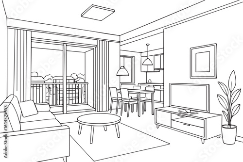 Cozy Living Room and Dining Area with Balcony View - Line Art Illustration