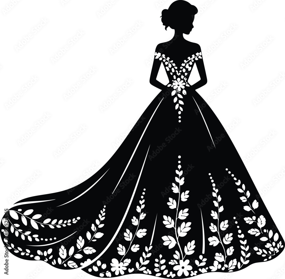 Fototapeta premium Elegant silhouette woman in floral gown, graceful pose