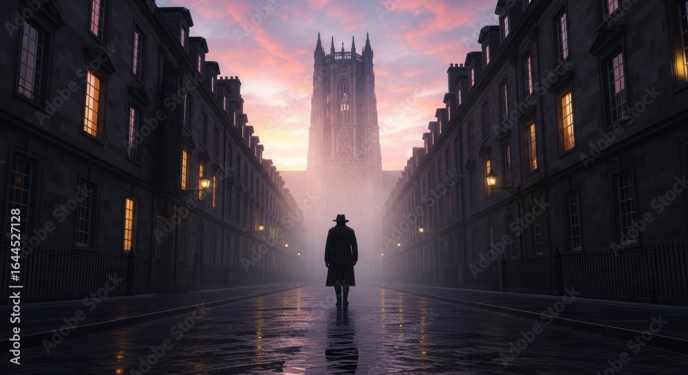 Obraz premium Solitary Figure Walking Towards Gothic Cathedral on a Misty Evening Street