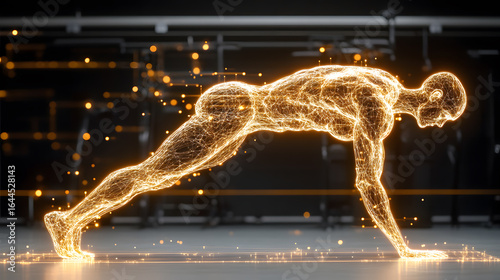 AI personal trainer hologram demonstrating perfect form