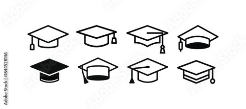 Graduation cap icon set isolated. Student hat. Simple design. Line and glyph graduation hat. Mortarboard collection 