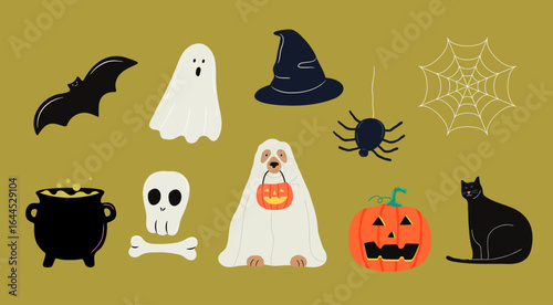 Halloween Vector Illustration Set. Pumpkin, Ghost, Witch, Spider