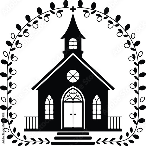 Charming church silhouette framed by floral wreath