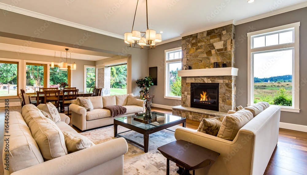 Fototapeta premium Cozy Living Room with Stone Fireplace and Scenic View