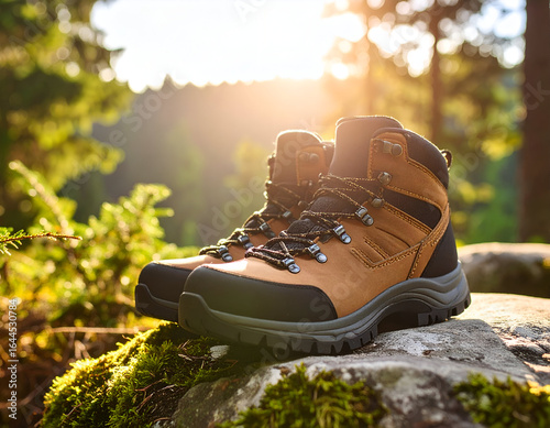 A sturdy pair of rugged hiking boots stands prominently on a moss-covered trail rock, beautifully backlit by the warm, golden glow of the setting sun, inviting adventure and outdoor exploration.