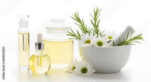 Bottles of essential oils with a mortar and pestle filled with fresh herbs and daisies, set against a bright white background.