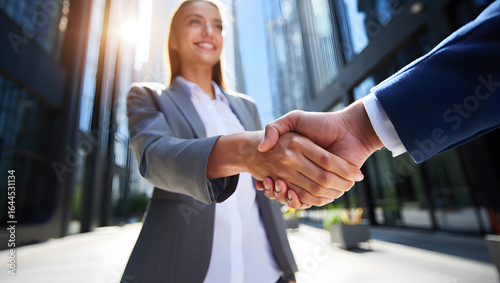 Successful Business Partnership Agreement Celebration with Handshake Between Professionals Outside Modern Office Buildings in Downtown City Financial District