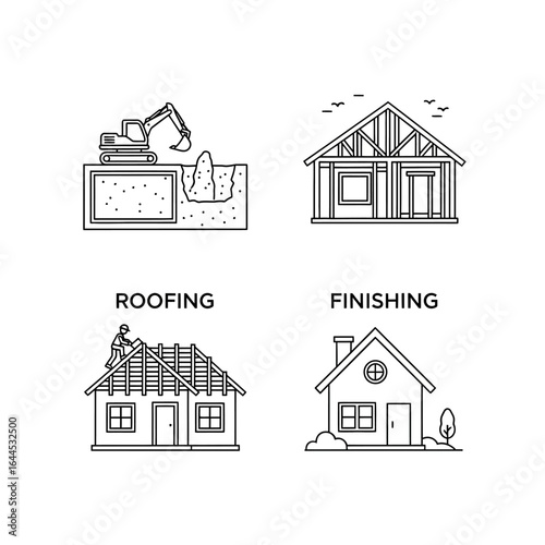 A comprehensive set of line art icons illustrating the sequential stages of residential house construction, from excavation to the finished building.