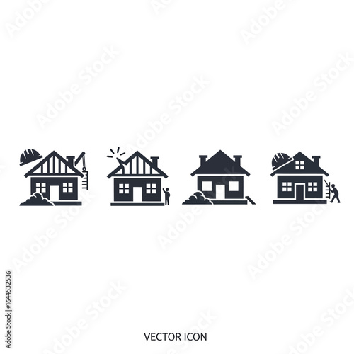 Vector illustration set depicting house construction, renovation, and repair stages, showcasing home improvement and architectural design elements against a clean, white backdrop.