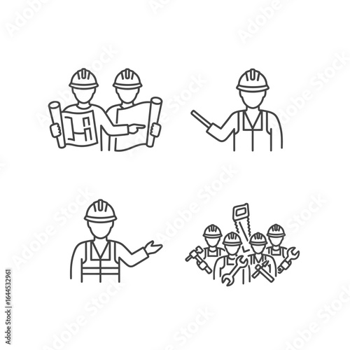 Construction workers in hard hats collaborate on blueprints and hold tools, symbolizing teamwork and industry expertise.