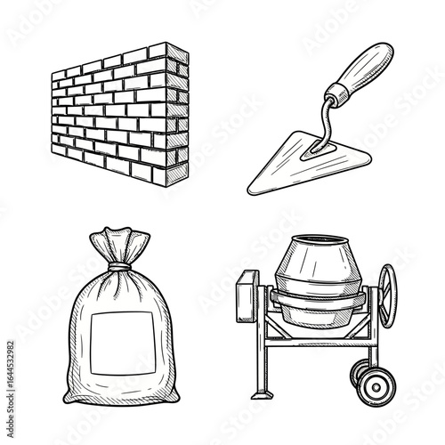 Hand-drawn illustration of bricklaying tools and materials: a brick wall, trowel, cement bag, and cement mixer, perfect for construction industry websites, blogs, or educational materials.