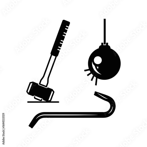 A minimalist black and white illustration depicts a sledgehammer, wrecking ball, and crowbar, symbolizing construction, demolition, or repair work in a clean design.