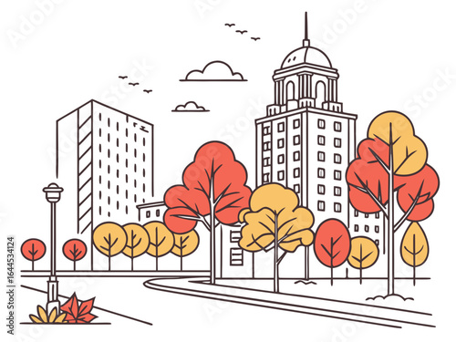 City park with autumn trees and modern buildings in line art style