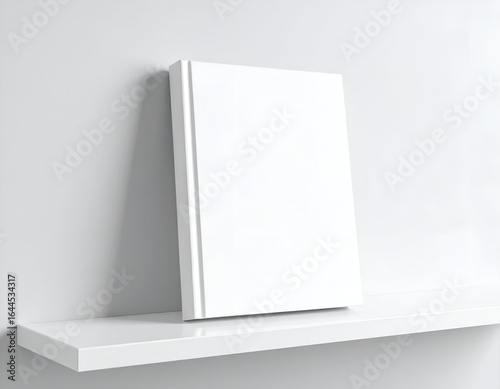 Clean white rectangular book cover mockup leaning on a shelf, a perfect template with soft top ambient lighting for design presentation.