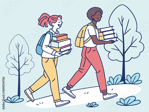 Two smiling students carrying books and backpacks walking outdoors