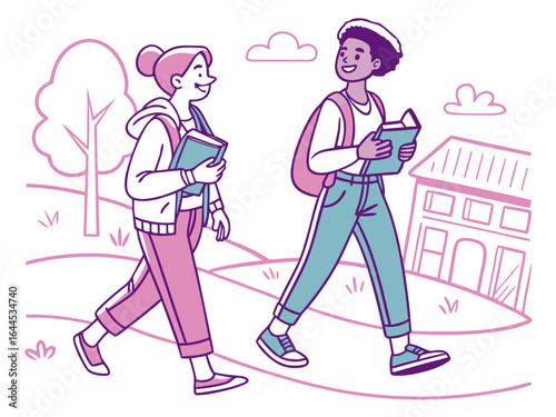 Two diverse students walking together with books and backpacks