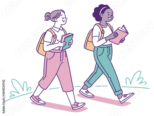 Two diverse young women walking with books and backpacks