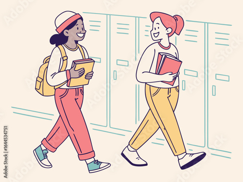 Two smiling students walking together in a school hallway with lockers