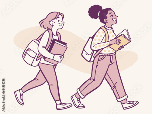 Two happy young women walking together carrying books and backpacks