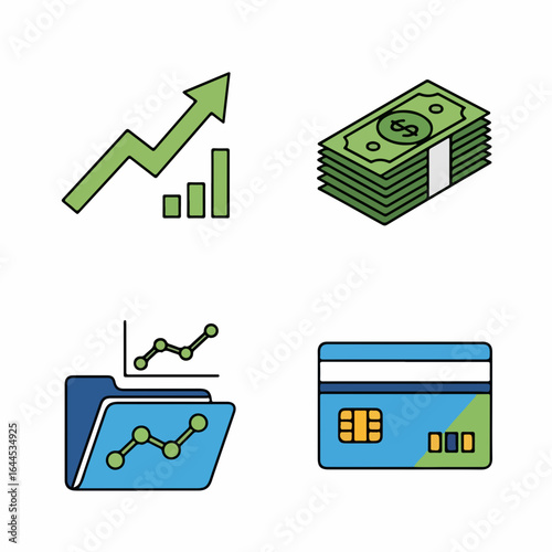 Financial growth icons showing positive trend, cash, data analysis, and credit card for investment success.
