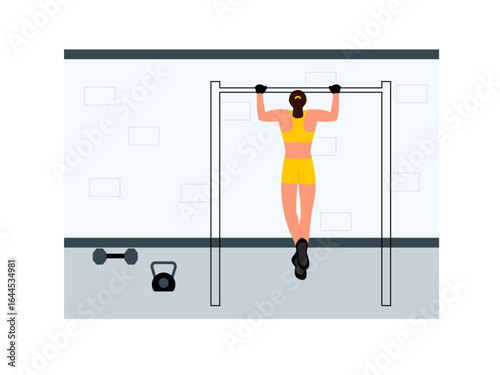 Professional athlete doing pull ups. Exercise using available tools in gym. Fitness vector illustration. Flat illustration concept.	