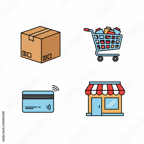 Modern e-commerce icons showcase shipping, shopping cart, contactless payment, and storefront for online retail.