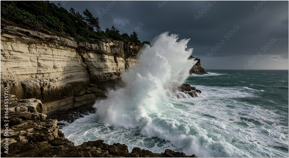 Obraz premium Powerful Ocean Waves Crashing Limestone Cliffs Storm Indonesia Sulawesi Seascape Drama