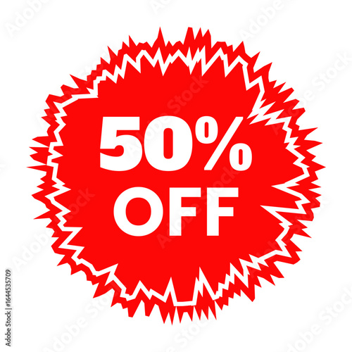 Red burst fifty percent off promotion sticker label vector for special discount offer 