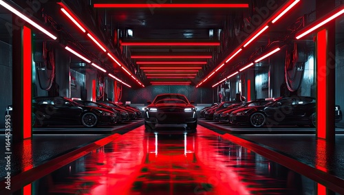 Futuristic car garage at night, bathed in red neon light