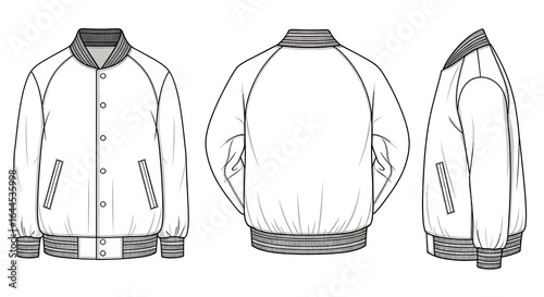 Bomber jacket technical flat fashion sketch template. Vector illustration with front, back, and side views for apparel design.