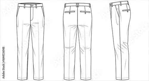 Detailed Line Art Illustration of Men's Trousers in Front, Back, and Side Views