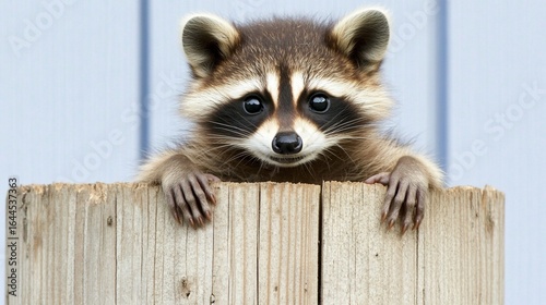 Cute raccoon peeking over a wooden fence