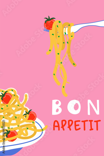 Italian pasta. Bon appetit. Vector funny modern illustration of pasta with tomatoes, plates of spaghetti, tomatoes, typography, forks. Poster for kitchen or cafe background or decor, wall poster.