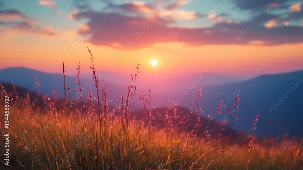 Fototapeta premium Vibrant Sunset Over Mountain Landscape: Tall Grasses in Foreground with Golden-Red-Pink Hues, Sky Transitioning from Orange-Pink to Blue-Purple (Adorned with Clouds), Blue-Purple Mountain Silhouettes 