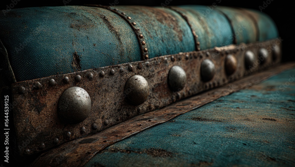 Rustic teal velvet bench detail, dark background, aged metal accents, vintage furniture Rustic teal velvet bench detail, dark background, aged metal accents, vintage furniture