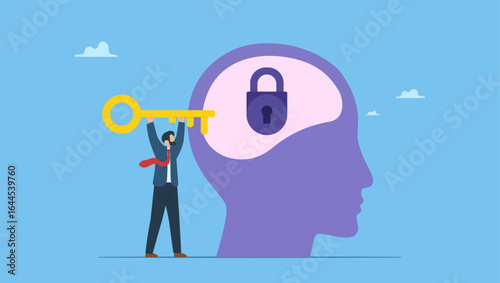 Businessman holding secret key to unlock ideas on human head. Unlock business idea, motivation to find out and search for business opportunity or creativity.