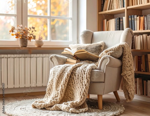 Cozy Interior Mockup Scenes—Warm home reading corner with cozy decor