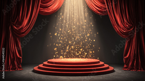 20 Top Picks on a podium with red curtains and a spotlight, vector graphics, golden letters, dark background, stage design