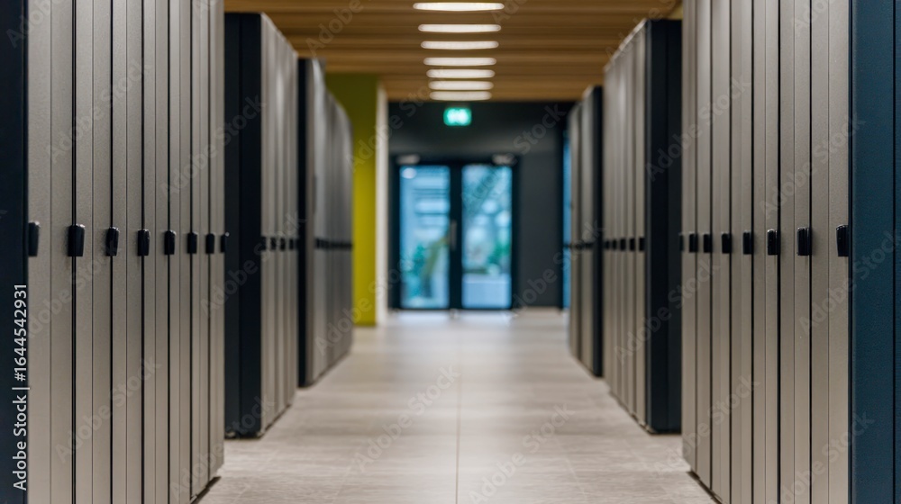 Fototapeta premium Rows of modern gray server racks in a data center hallway with an exit sign